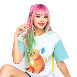 A beautiful Korean woman posing elegantly and attractively, wearing a colorful t-shirt, with long pink and green hair
