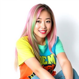 A beautiful Korean woman posing elegantly and attractively, wearing a colorful t-shirt, with long pink and green hair