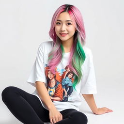 A beautiful Korean woman posing elegantly and attractively, wearing a colorful t-shirt, with long pink and green hair