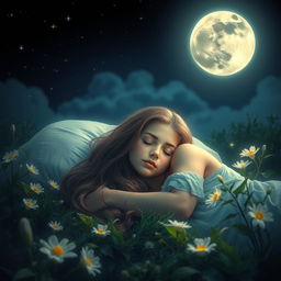 A beautiful young woman peacefully sleeping under the glowing full moon in a serene nighttime landscape, surrounded by lush greenery and softly illuminated flowers