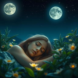 A beautiful young woman peacefully sleeping under the glowing full moon in a serene nighttime landscape, surrounded by lush greenery and softly illuminated flowers