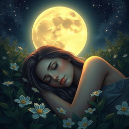 A beautiful young woman peacefully sleeping under the glowing full moon in a serene nighttime landscape, surrounded by lush greenery and softly illuminated flowers