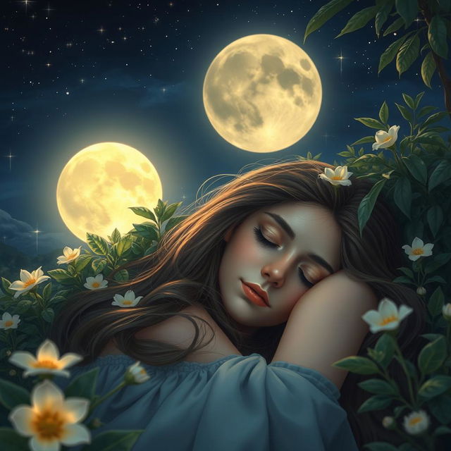 A beautiful young woman peacefully sleeping under the glowing full moon in a serene nighttime landscape, surrounded by lush greenery and softly illuminated flowers