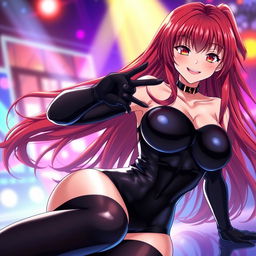 An incredibly sexy anime girl with long, flowing red hair and a curvaceous figure featuring large breasts