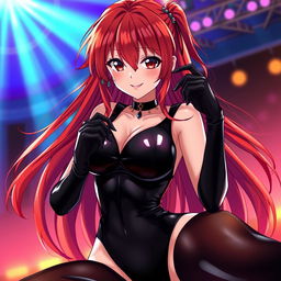An incredibly sexy anime girl with long, flowing red hair and a curvaceous figure featuring large breasts