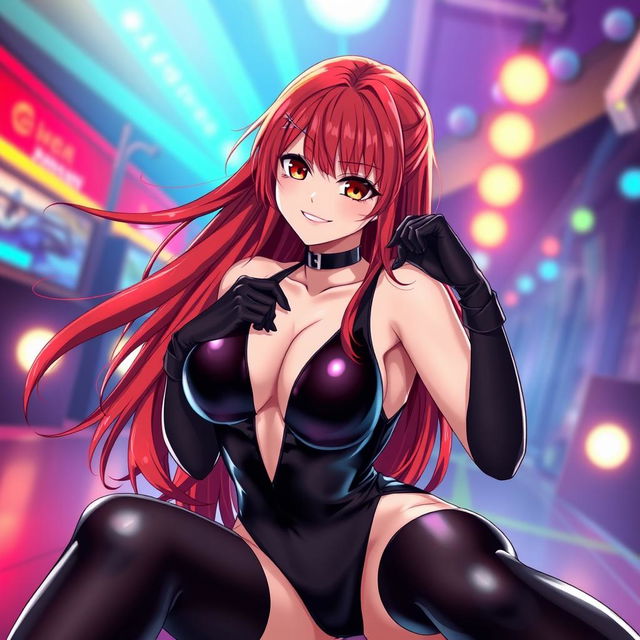 An incredibly sexy anime girl with long, flowing red hair and a curvaceous figure featuring large breasts
