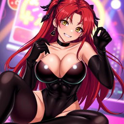 An incredibly sexy anime girl with long, flowing red hair and a curvaceous figure featuring large breasts