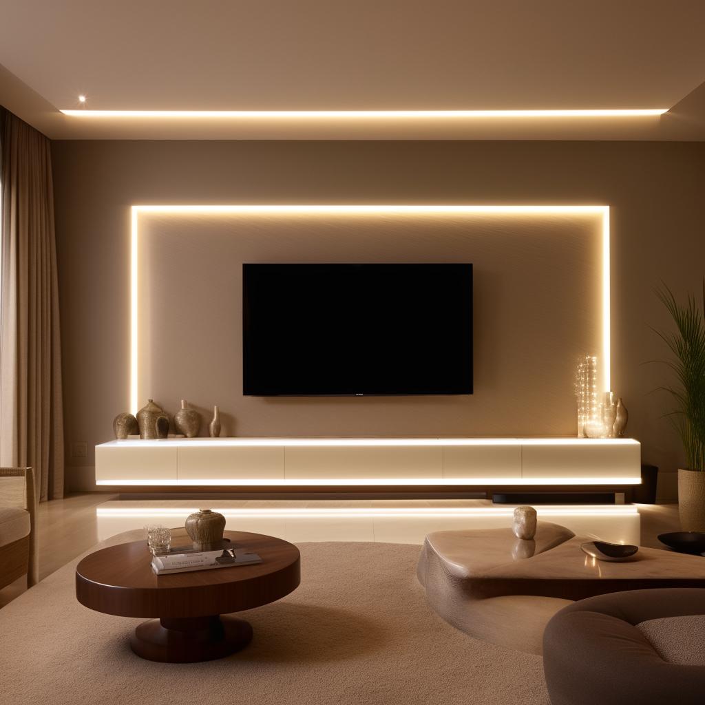 A luxurious living room TV backdrop featuring modern designs, ambient lighting and minimalist decor to create a cozy atmosphere.