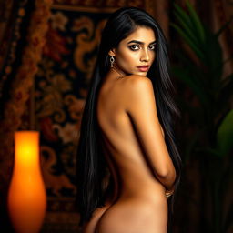 A stunning nude Indian woman posing elegantly in a luxurious, softly lit setting