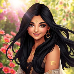 A beautiful Persian girl with long, flowing black hair, embodying the characteristics of a Leo with a confident and radiant aura