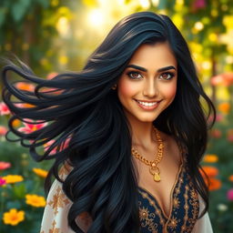 A beautiful Persian girl with long, flowing black hair, embodying the characteristics of a Leo with a confident and radiant aura