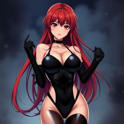 A sexy anime girl with long, flowing red hair and large breasts, wearing a form-fitting black latex bodysuit complemented by sleek black stockings and gloves