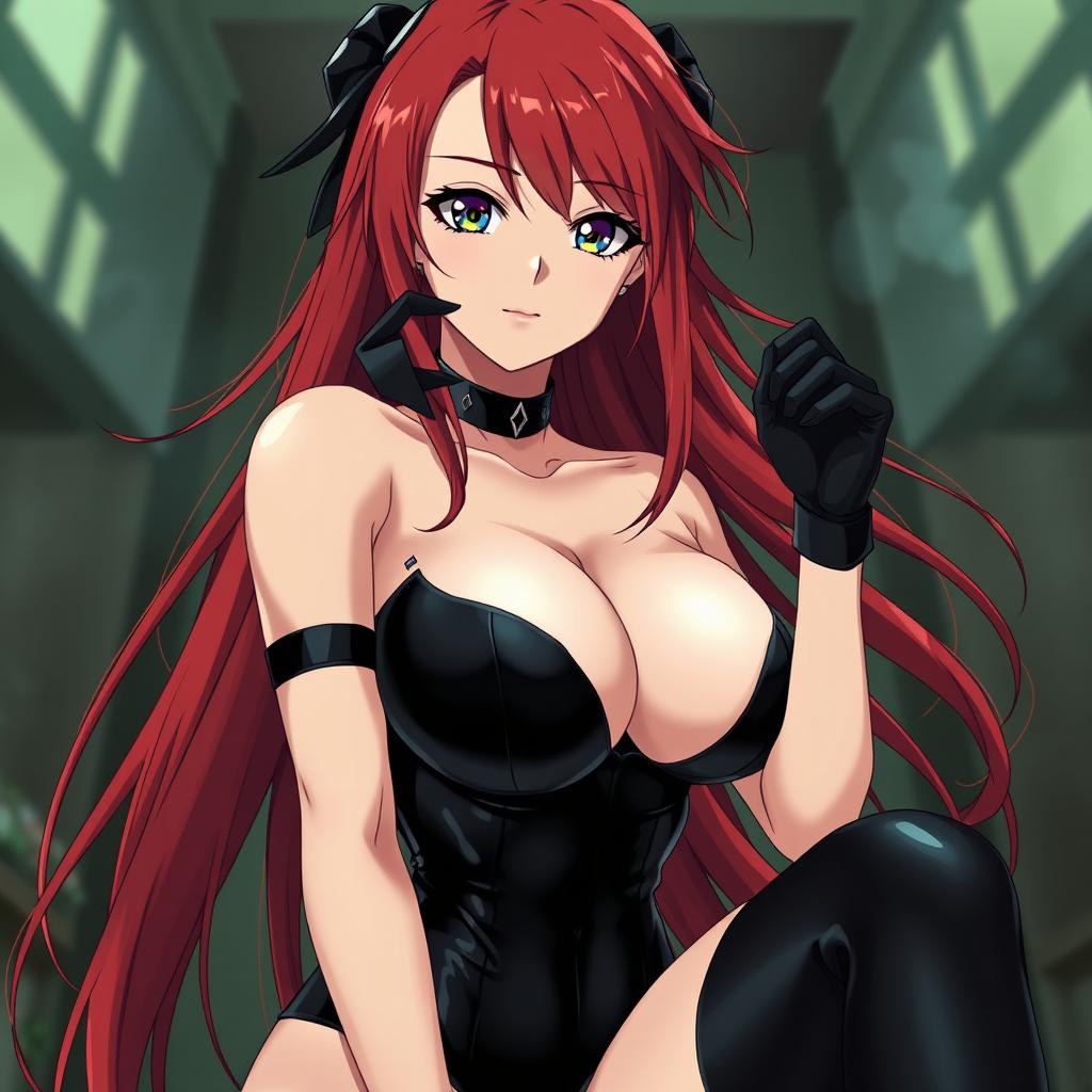 A sexy anime girl with long, flowing red hair and large breasts, wearing a form-fitting black latex bodysuit complemented by sleek black stockings and gloves