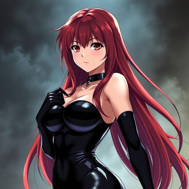 A sexy anime girl with long, flowing red hair and large breasts, wearing a form-fitting black latex bodysuit complemented by sleek black stockings and gloves