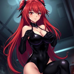 A sexy anime girl with long, flowing red hair and large breasts, wearing a form-fitting black latex bodysuit complemented by sleek black stockings and gloves