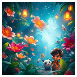 A magical jungle scene featuring vibrant, oversized flowers and lush, exotic foliage