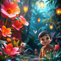 A magical jungle scene featuring vibrant, oversized flowers and lush, exotic foliage