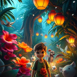 A magical jungle scene featuring vibrant, oversized flowers and lush, exotic foliage
