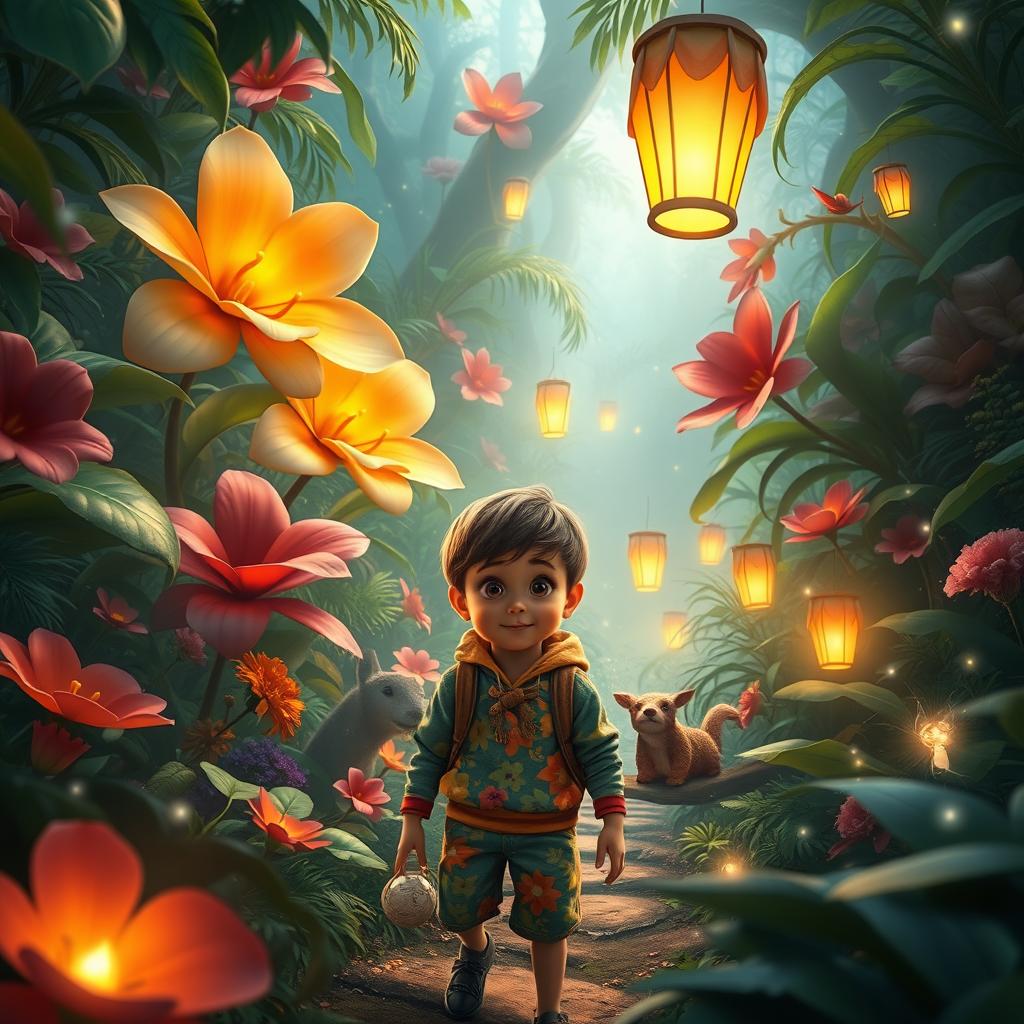 A magical jungle scene featuring vibrant, oversized flowers and lush, exotic foliage