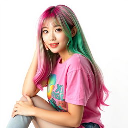 A beautiful Korean woman posing gracefully and attractively, wearing a colorful t-shirt, with long hair colored in pink and green