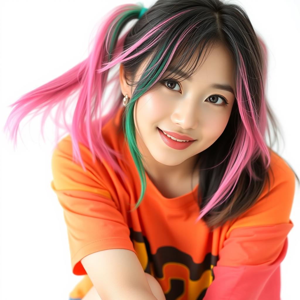 A beautiful Korean woman posing gracefully and attractively, wearing a colorful t-shirt, with long hair colored in pink and green