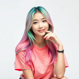 A beautiful Korean woman posing gracefully and attractively, wearing a colorful t-shirt, with long hair colored in pink and green