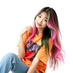 A beautiful Korean woman posing gracefully and attractively, wearing a colorful t-shirt, with long hair colored in pink and green