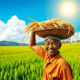 A whimsical scene of a rice loading man at work in a picturesque rice field