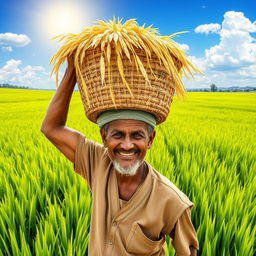 A whimsical scene of a rice loading man at work in a picturesque rice field