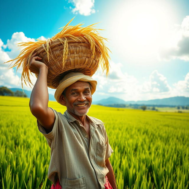 A whimsical scene of a rice loading man at work in a picturesque rice field