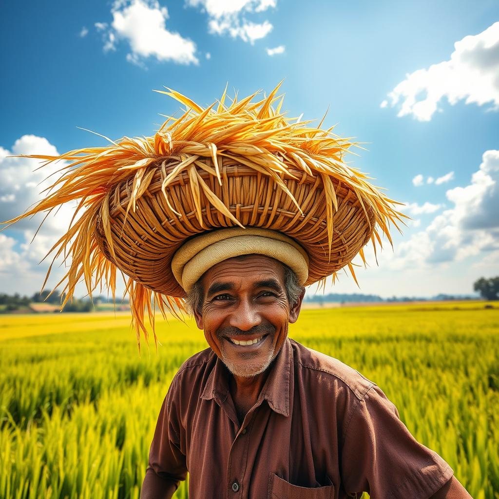A whimsical scene of a rice loading man at work in a picturesque rice field
