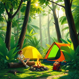 A serene jungle scene depicting a single camper relaxing beside a colorful camping tent