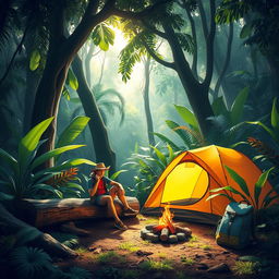 A serene jungle scene depicting a single camper relaxing beside a colorful camping tent