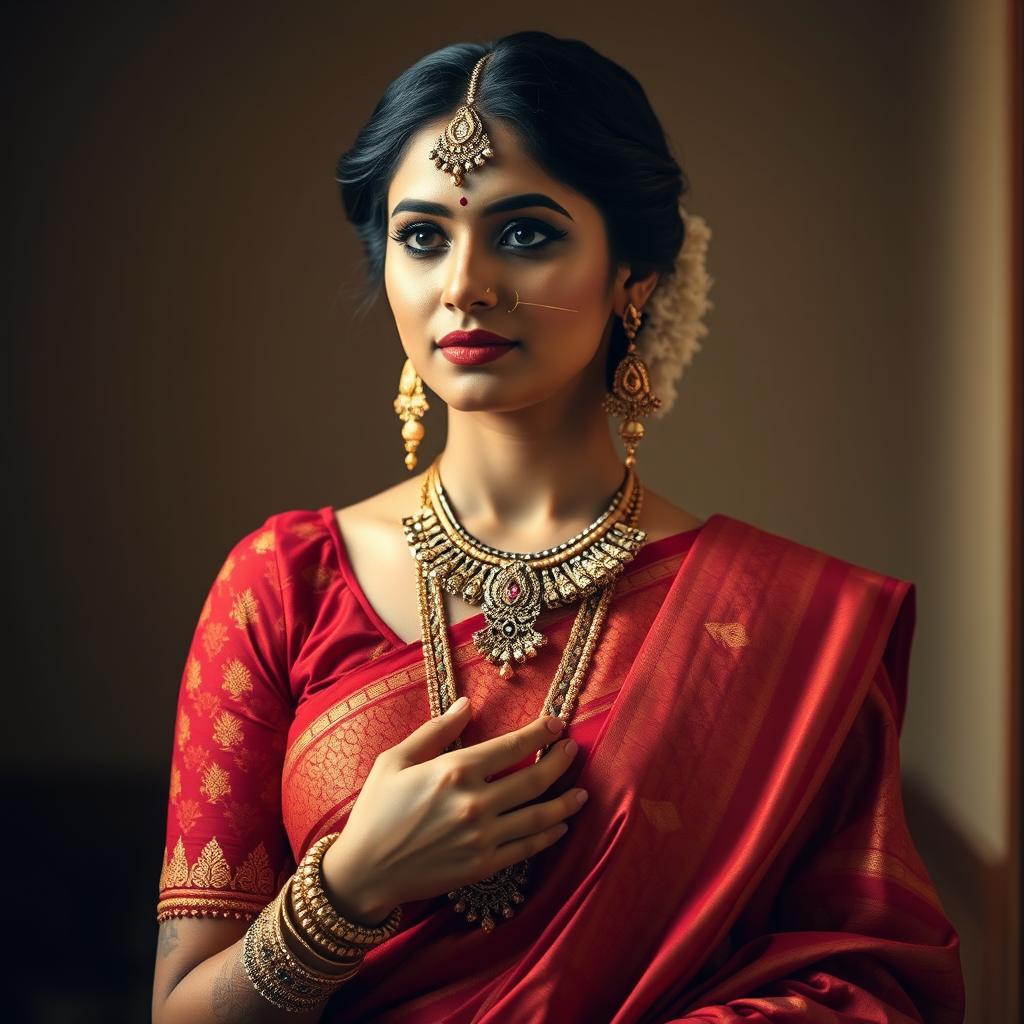 A woman embodying the elegance of a traditional Indian princess, dressed in a richly detailed outfit featuring a vibrant red and orange patterned sari and skirt