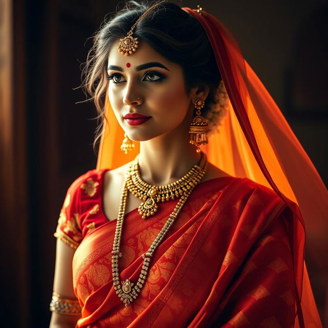 A woman embodying the elegance of a traditional Indian princess, dressed in a richly detailed outfit featuring a vibrant red and orange patterned sari and skirt