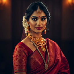 A woman embodying the elegance of a traditional Indian princess, dressed in a richly detailed outfit featuring a vibrant red and orange patterned sari and skirt