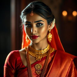 A woman embodying the elegance of a traditional Indian princess, dressed in a richly detailed outfit featuring a vibrant red and orange patterned sari and skirt