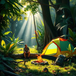 A serene jungle scene depicting a single camper relaxing beside a colorful camping tent