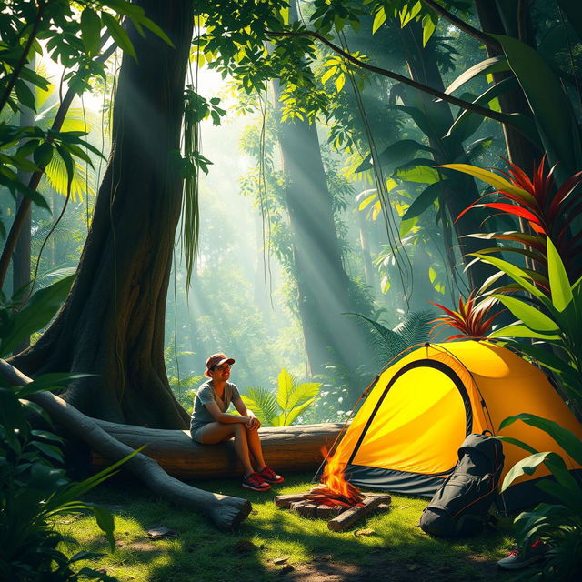 A serene jungle scene depicting a single camper relaxing beside a colorful camping tent