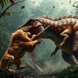 A tense jungle battle scene depicting a fierce lion with sharp claws slashing the side of a roaring dinosaur, creating dramatic splashes of blood streaking across the dinosaur's scaly body