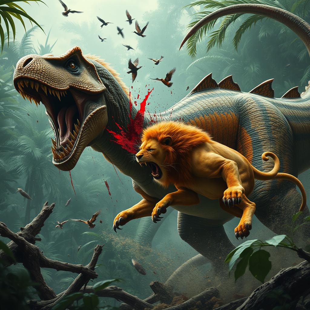 A tense jungle battle scene depicting a fierce lion with sharp claws slashing the side of a roaring dinosaur, creating dramatic splashes of blood streaking across the dinosaur's scaly body