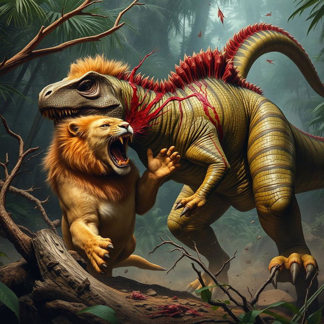 A tense jungle battle scene depicting a fierce lion with sharp claws slashing the side of a roaring dinosaur, creating dramatic splashes of blood streaking across the dinosaur's scaly body