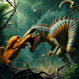 A tense jungle battle scene depicting a fierce lion with sharp claws slashing the side of a roaring dinosaur, creating dramatic splashes of blood streaking across the dinosaur's scaly body