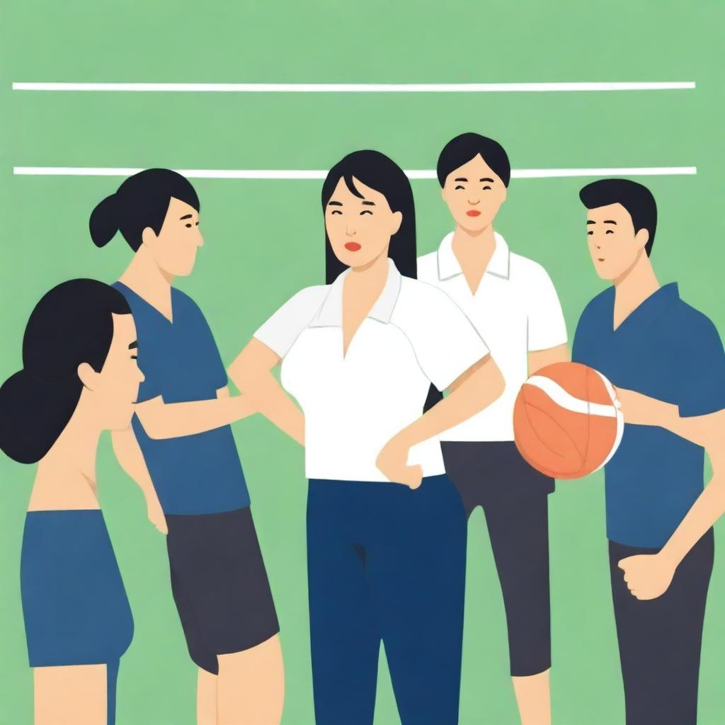 A high-resolution vector art, depicting the struggles of an Asian female physical education teacher when teaching or coaching dangerous illegal immigrants from diverse backgrounds who only speak a language different from the others in the class