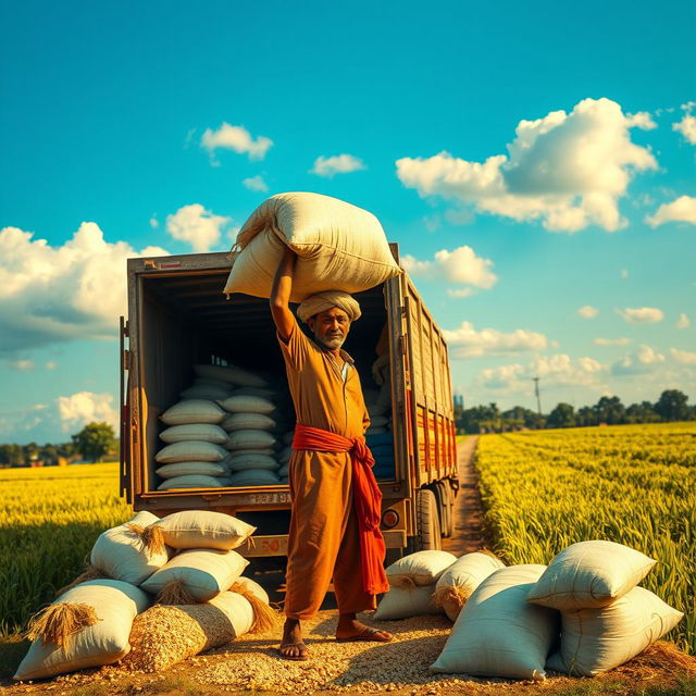A laborer with a rice sack on his head, loading it onto a lorry under a bright blue sky
