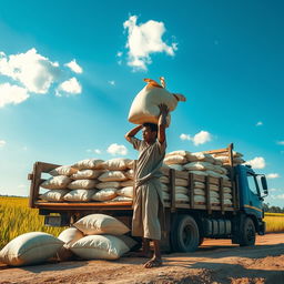 A laborer with a rice sack on his head, loading it onto a lorry under a bright blue sky