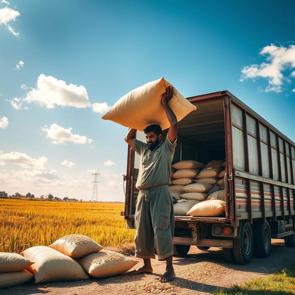 A laborer with a rice sack on his head, loading it onto a lorry under a bright blue sky