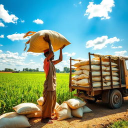 A laborer with a rice sack on his head, loading it onto a lorry under a bright blue sky
