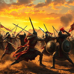 A dramatic scene depicting a fierce battle between a group of warriors in traditional Indian attire, showcasing intricate patterns and vibrant colors, clashing against another group dressed in a contrasting style from a different culture