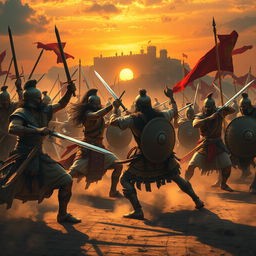 A dramatic scene depicting a fierce battle between a group of warriors in traditional Indian attire, showcasing intricate patterns and vibrant colors, clashing against another group dressed in a contrasting style from a different culture